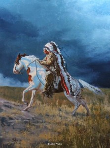 Fine art painting showing an Indian Cheif on his medicine hat war horse by John Phelps
