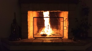 the poo brick alight burning in the fireplace